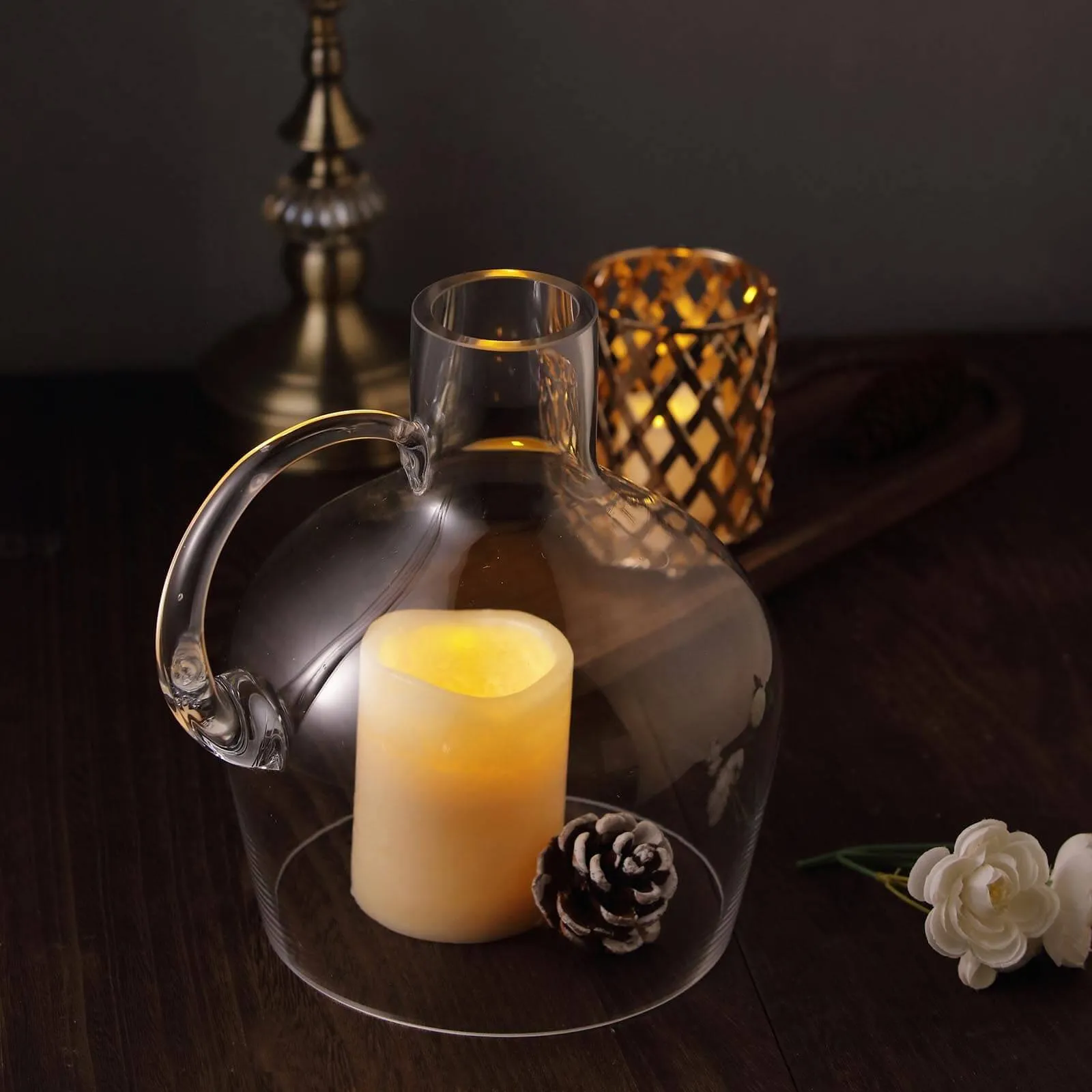 10" Heavy Duty Clear Glass Vases Candle Holder Centerpiece, Cloche Jar Dome With Wooden Base