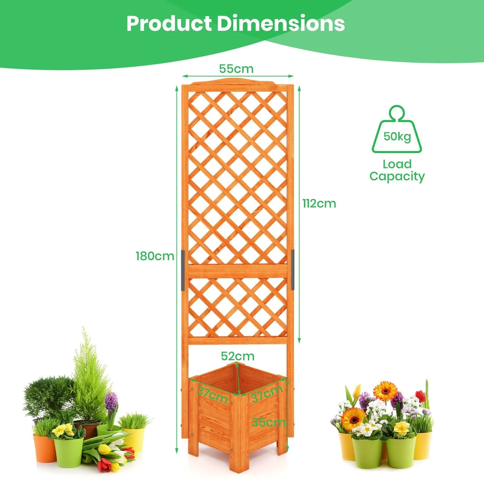 180 CM Raised Garden Bed with 32.5 CM Trellis-Natrual