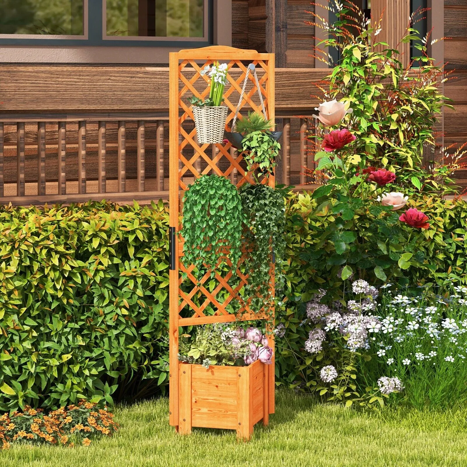 180 CM Raised Garden Bed with 32.5 CM Trellis-Natrual