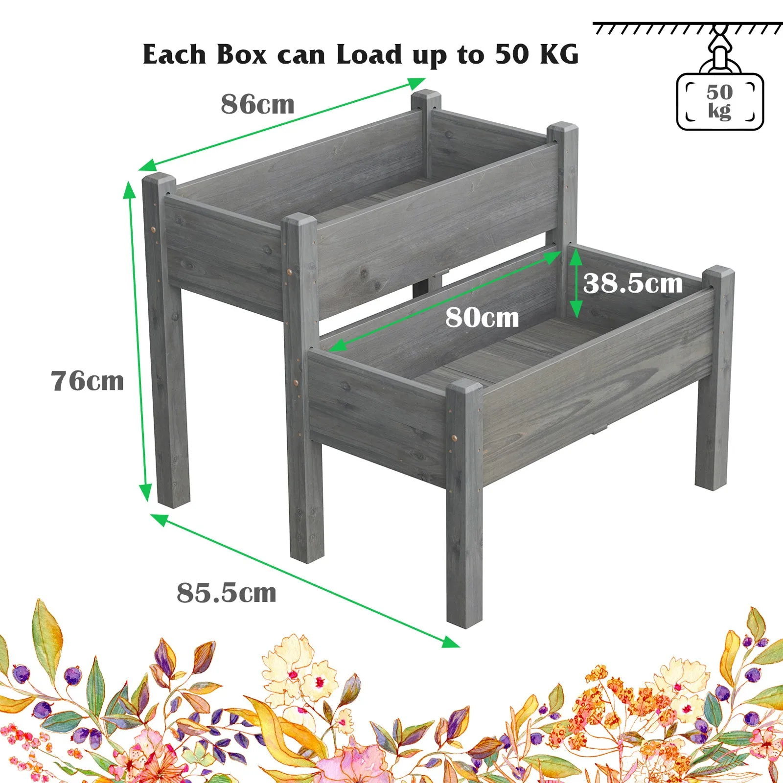 2 Tier Fir Wooden Raised Garden Bed with Drain Holes-Grey