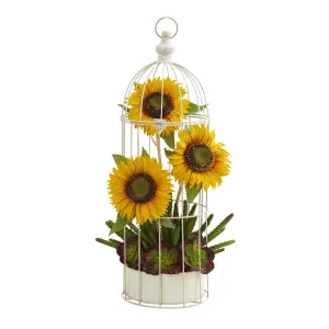 24” Sunflower, Cactus and Echeveria Artificial Arrangement in Decorative Cage