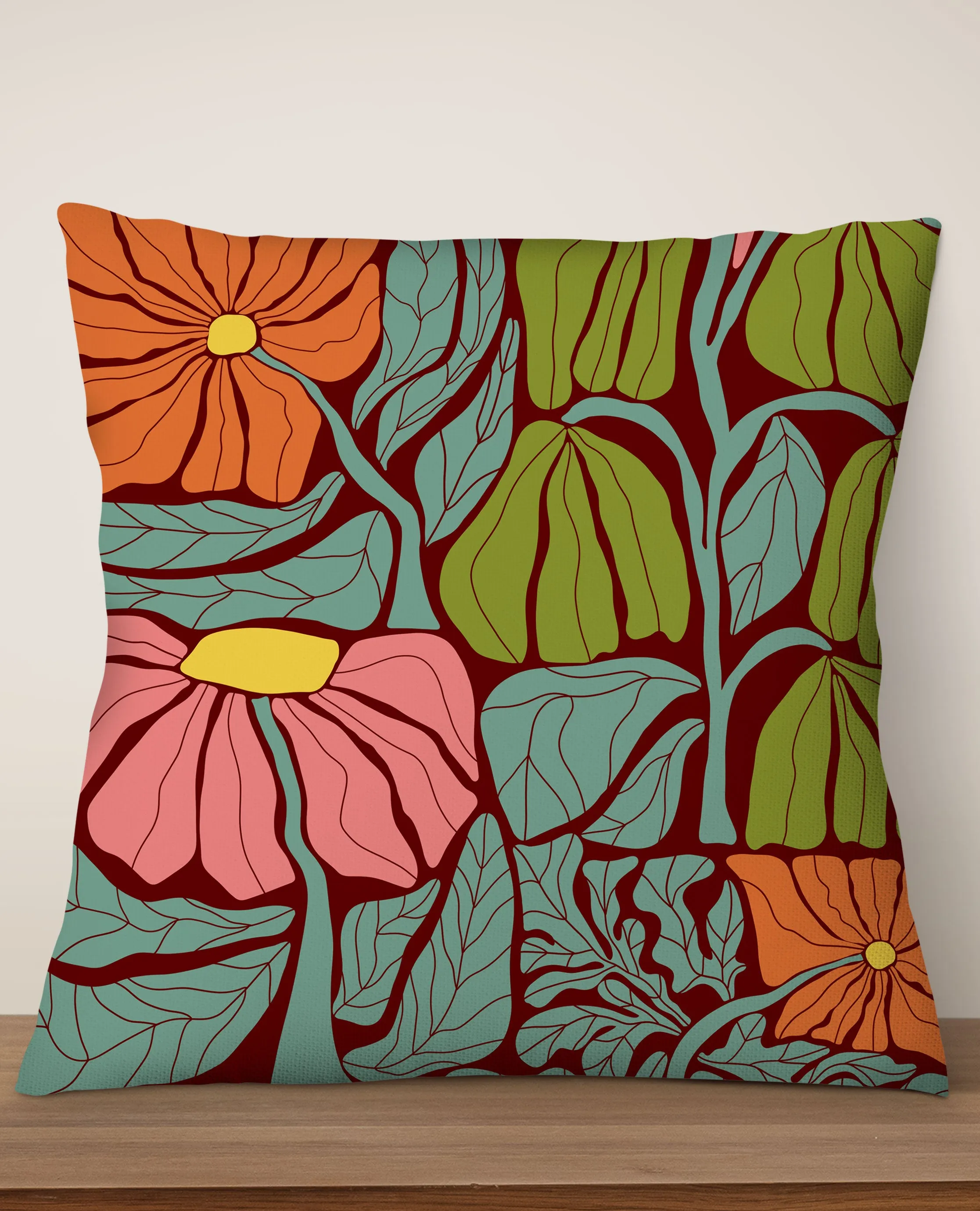 Abstract Flower Square Cushion (Dark Red)