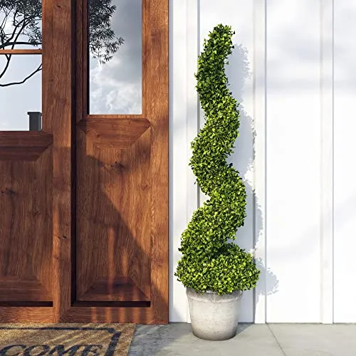 Barnyard Designs 4ft (48”) Artificial Boxwood Spiral Topiary Trees, Indoor Entryway, Living Room or Covered Front Porch Home Decor, Faux Fake Plant Decoration, Set of 2