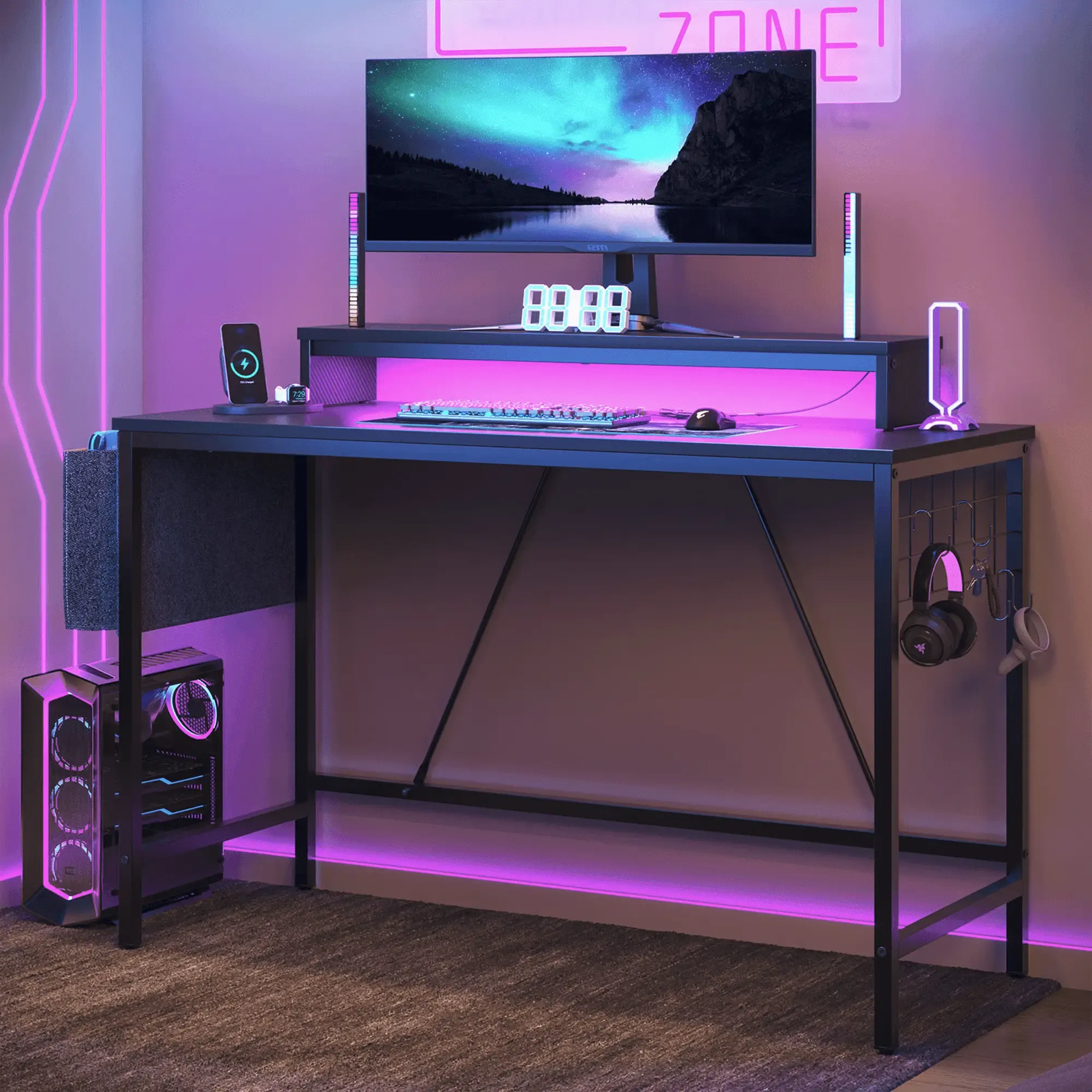 Bestier 41.7 Inch Gaming Desk with Grid Side Frame & LED Light Computer Desk with Monitor Stand