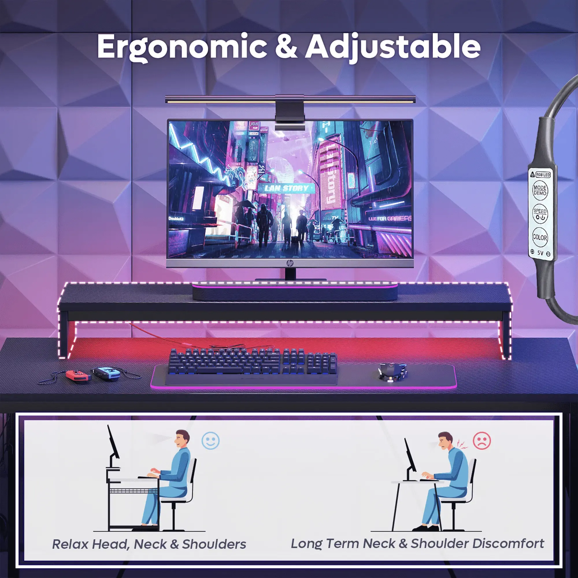 Bestier 41.7 Inch Gaming Desk with Grid Side Frame & LED Light Computer Desk with Monitor Stand