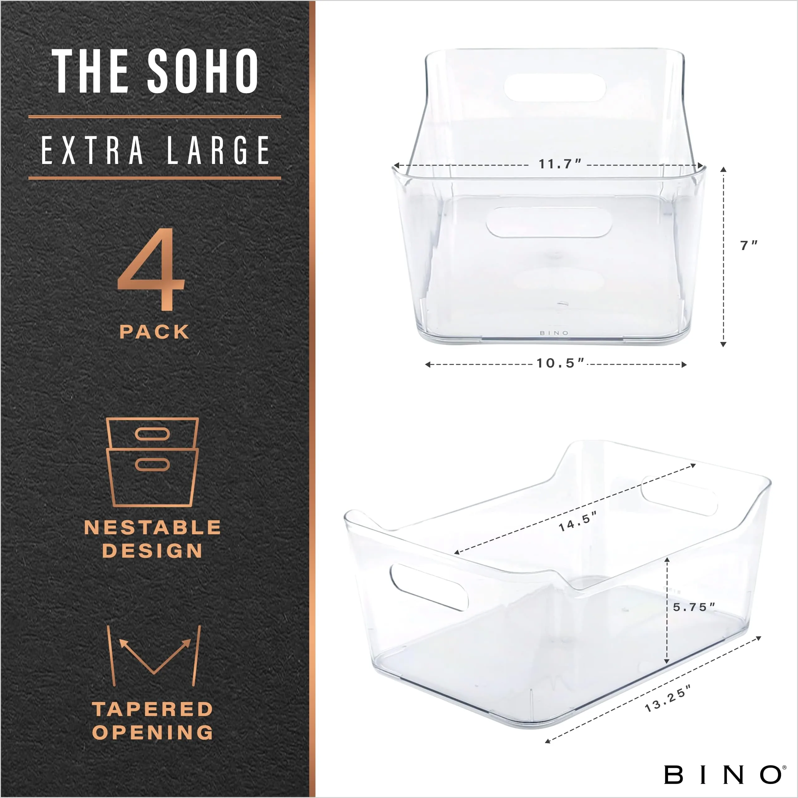 BINO | Plastic Organizer Bins, X-Large - 4 Pack | The SOHO Collection | Multi-Use Organizer Bins | Pantry Organizer & Freezer Organizer Bins | Plastic Storage Containers | Bins for Home & Kitchen Org