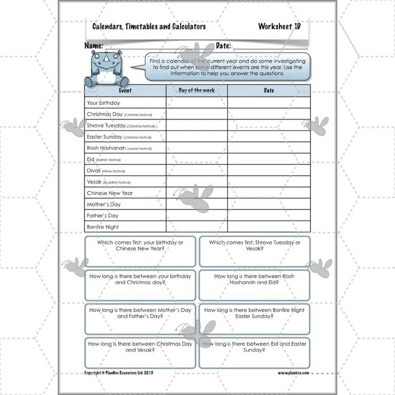 Calendars, Timetables and Calculators