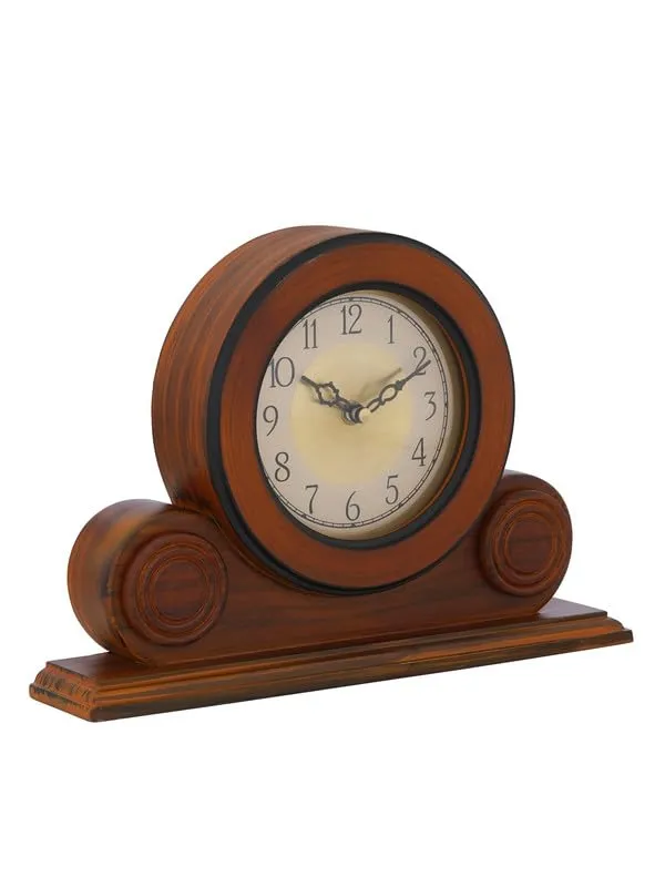 CRAFT SMITH Beautiful Brown Colour Wooden Home/Office Decor English Numerals Round Golden Colour Dial Analog Table/Desk Clock for Home Living Room (Size: 22 x 7 x 32 CM | Weight: 1275 grm)