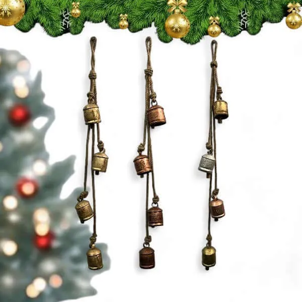 Decorative 4 Harmony Rustic Cluster Bells Garden Relaxing Tranquil Garden Wind Chimes, Country Style Cow Bells Antique Gold Finish Wall Hanging 76 cm Height