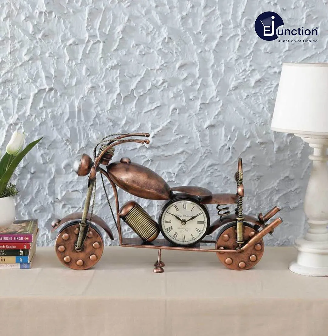 Ejunction Antique Table Top Metal Bullet Bike Showpiece with 4 inch Dial Clock for Home/Office/Café/Hotel/Restaurant etc (LxBxH 50cmx10cmx29cm) (Copper)