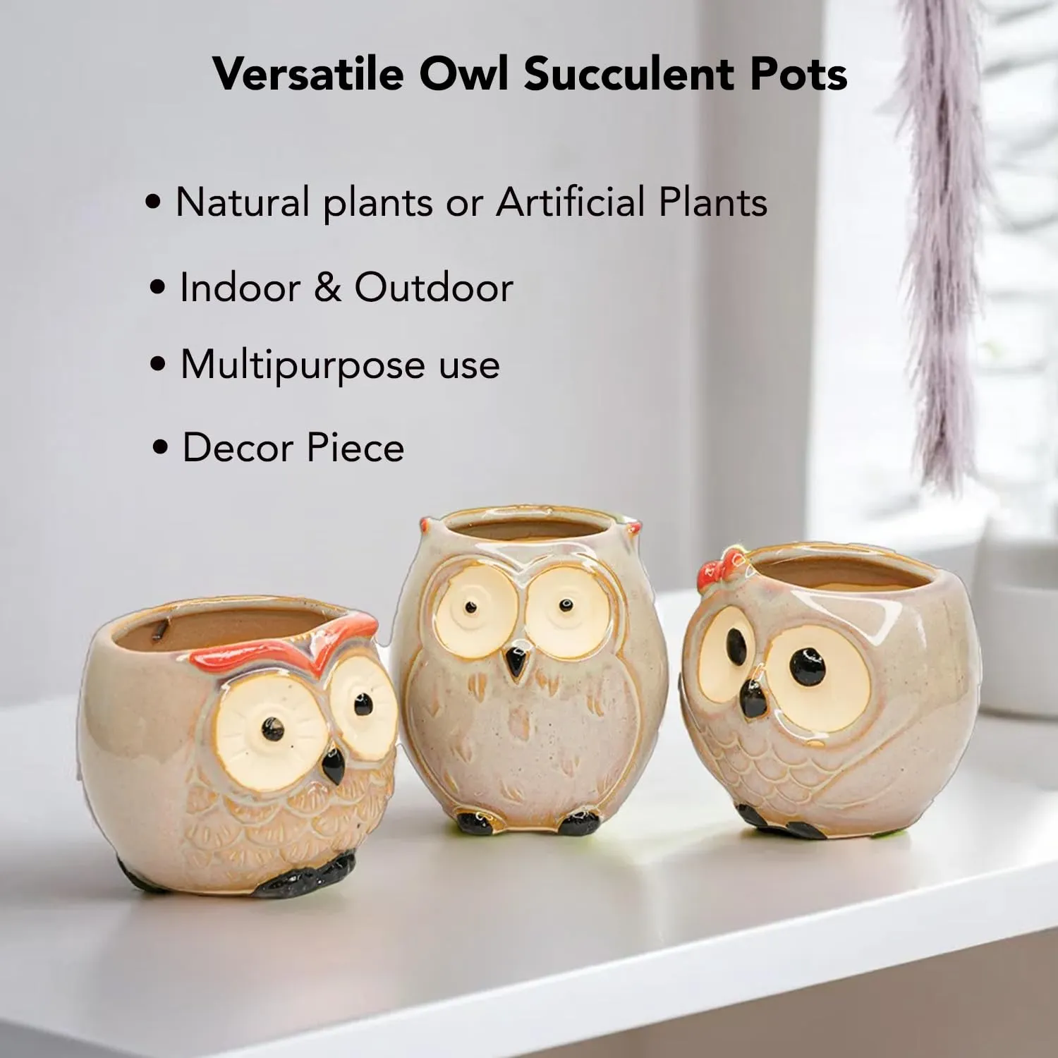 Ekhasa Owl Small Ceramic Pots for Plants with Drainage Hole | Planters Pot for Home Decor, Living Room Decorative Items & Balcony | Succulent Planter for Office Desk (Plants Not Included, Set of 3)