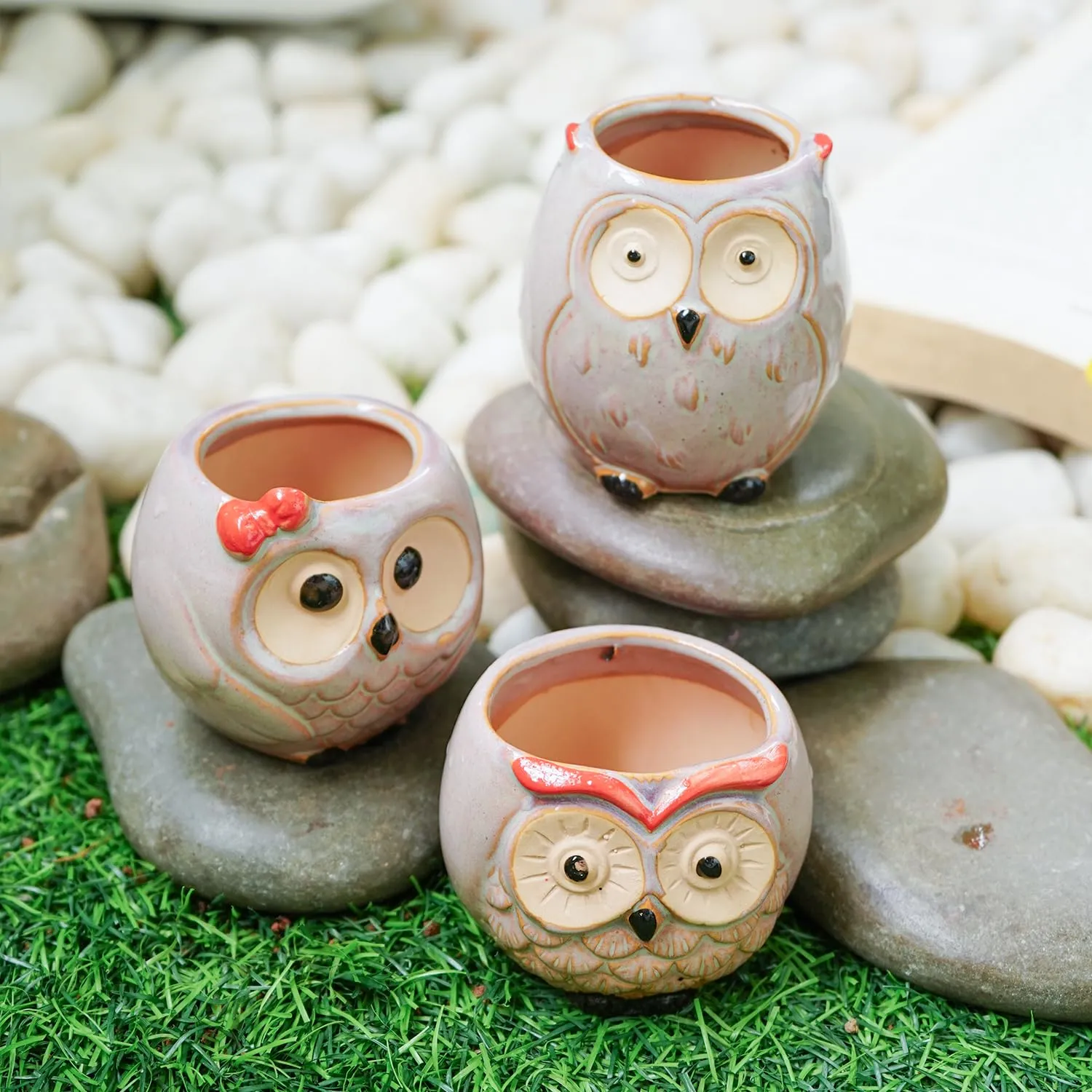 Ekhasa Owl Small Ceramic Pots for Plants with Drainage Hole | Planters Pot for Home Decor, Living Room Decorative Items & Balcony | Succulent Planter for Office Desk (Plants Not Included, Set of 3)