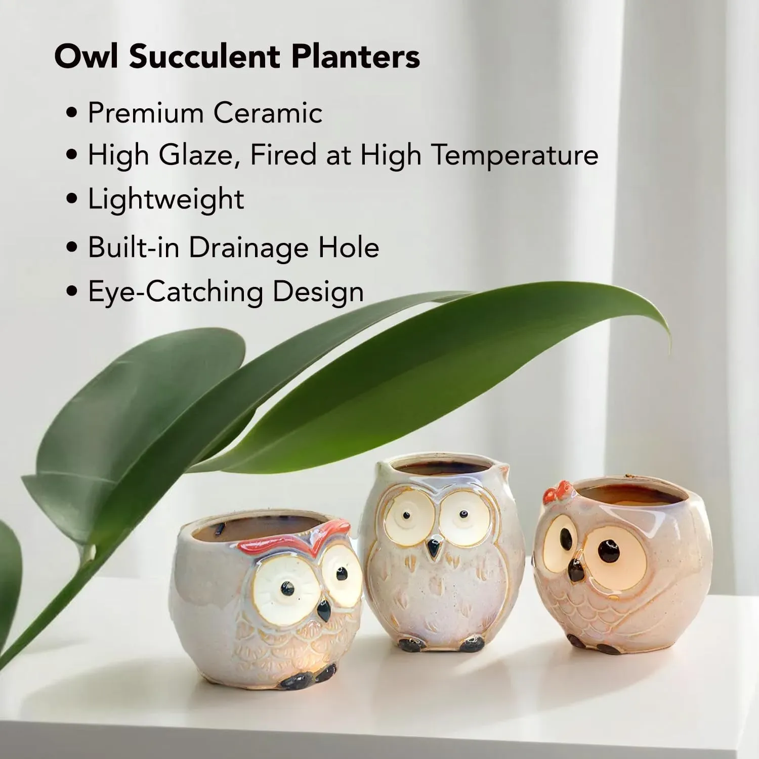 Ekhasa Owl Small Ceramic Pots for Plants with Drainage Hole | Planters Pot for Home Decor, Living Room Decorative Items & Balcony | Succulent Planter for Office Desk (Plants Not Included, Set of 3)