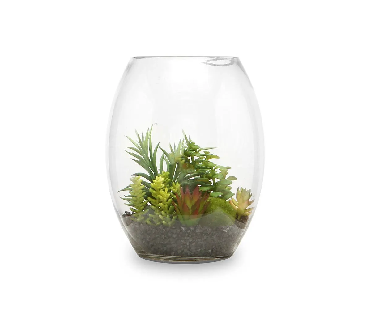 Faux Succulent Variety in Glass Bowl Terrarium