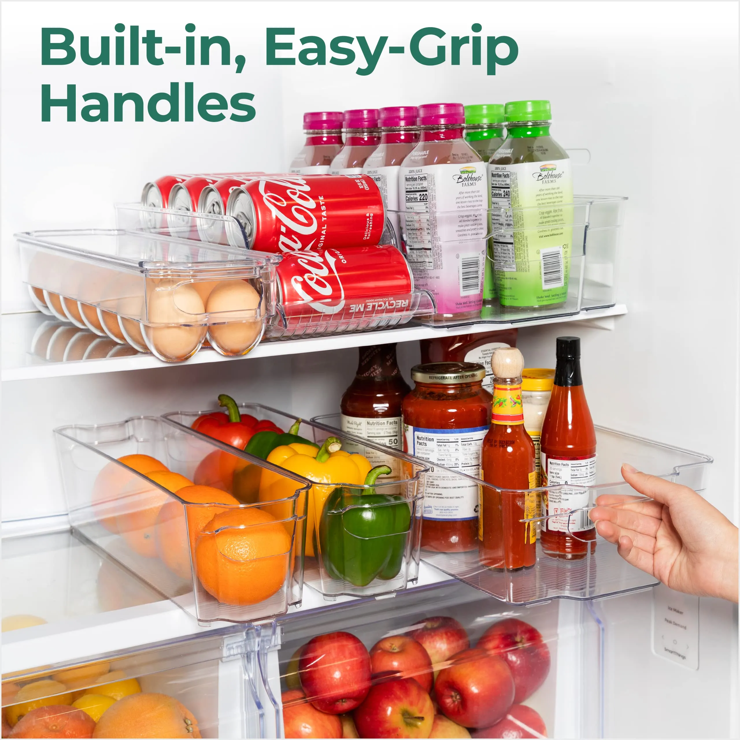 Greenco Refrigerator Organizers and Storage - Clear Fridge Organizer Bins Set, Shatterproof Plastic with Easy-Grip Handles, Stackable Kitchen Organization Solution for Home and RV - Set of 6