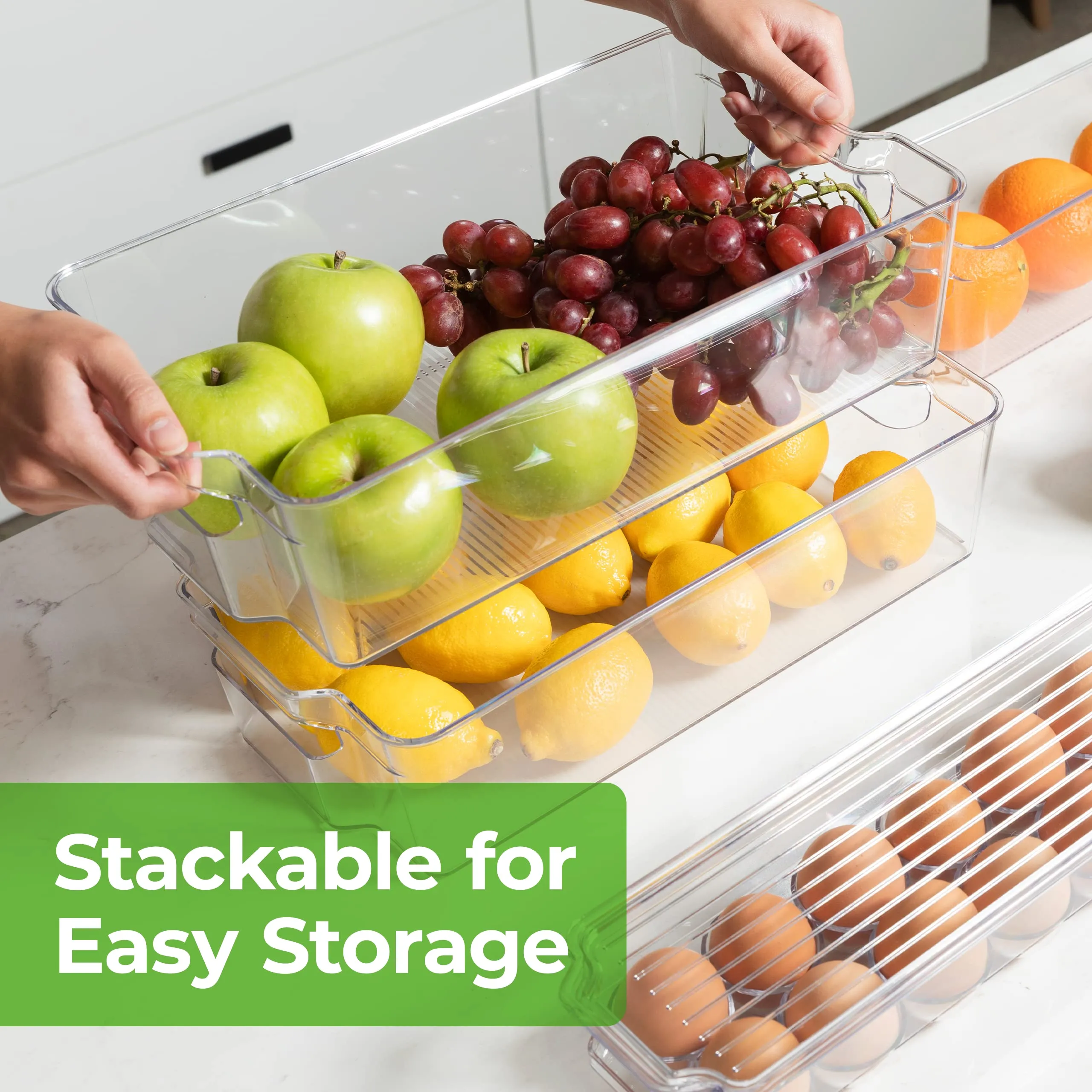 Greenco Refrigerator Organizers and Storage - Clear Fridge Organizer Bins Set, Shatterproof Plastic with Easy-Grip Handles, Stackable Kitchen Organization Solution for Home and RV - Set of 6