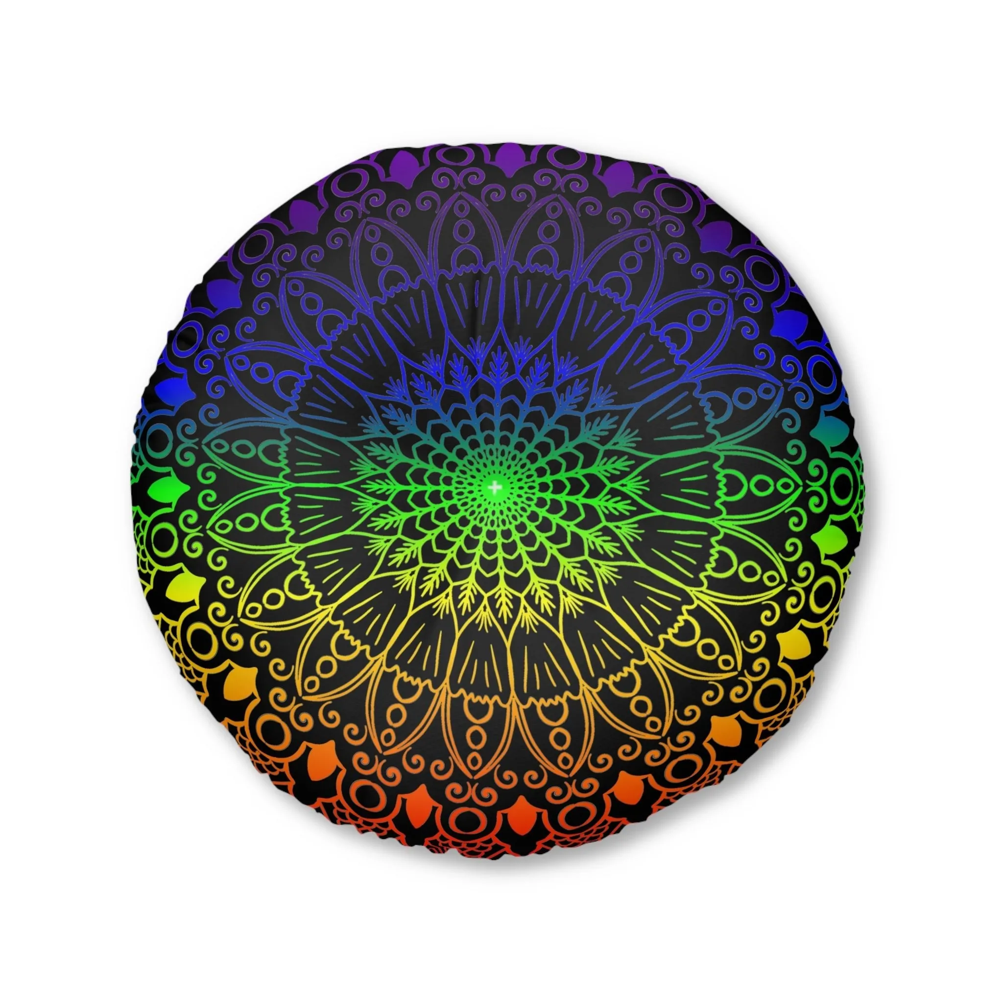 Handmade Mandala Art Round Floor Cushion - Rainbow on Black Background