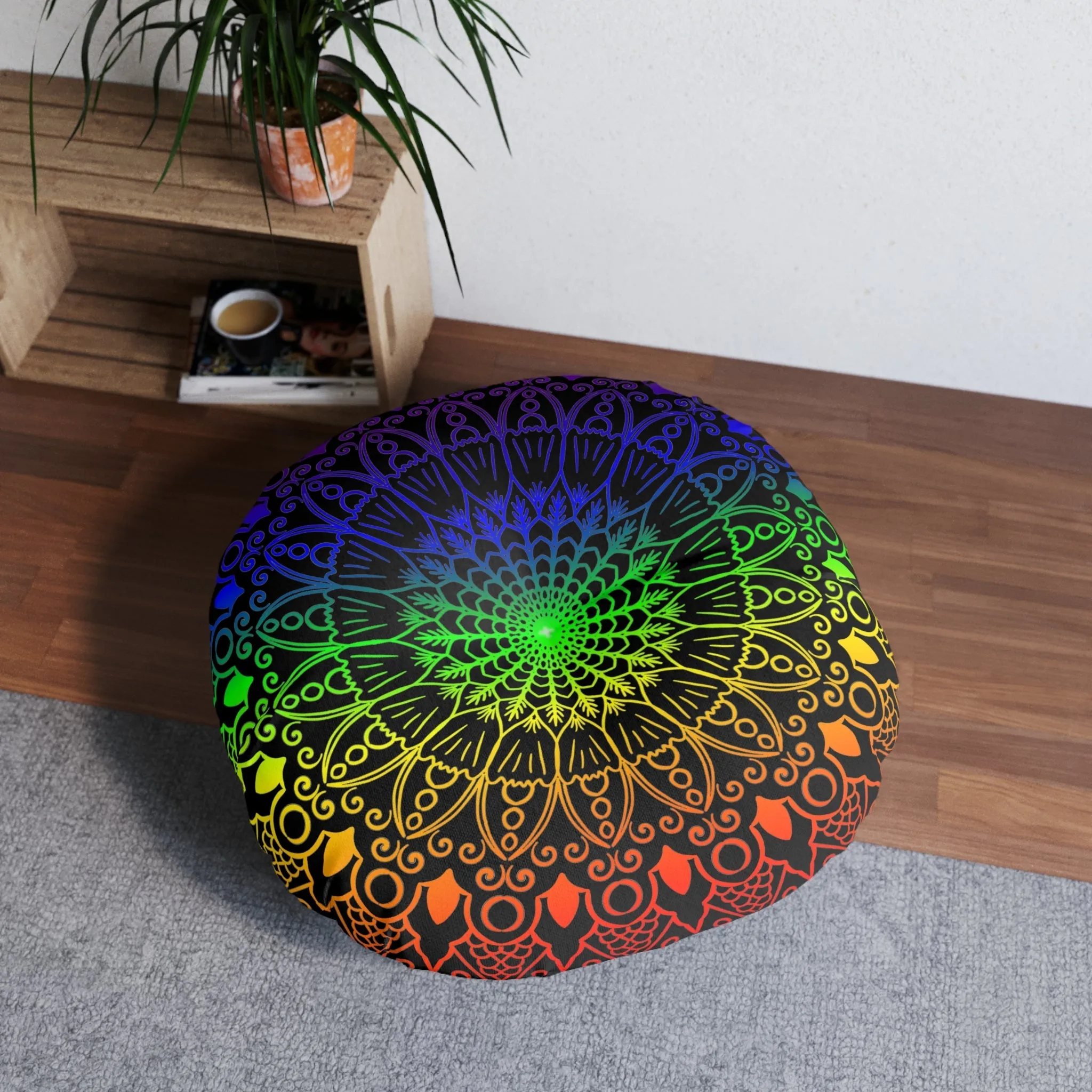 Handmade Mandala Art Round Floor Cushion - Rainbow on Black Background