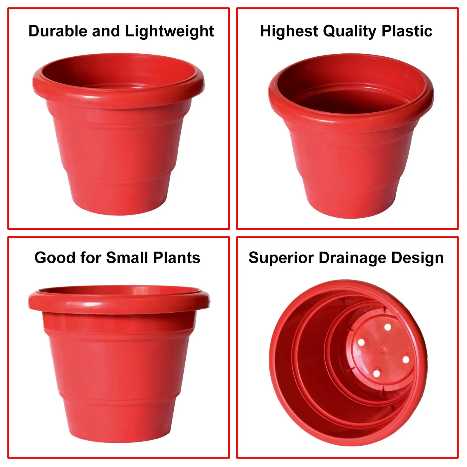 Heart Home Solid 2 Layered Plastic Flower Pot|Gamla for Home Decor,Nursery,Balcony,Garden,6"x5",Pack of 8 (Red)