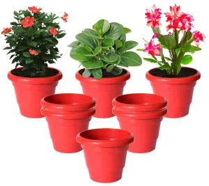 Heart Home Solid 2 Layered Plastic Flower Pot|Gamla for Home Decor,Nursery,Balcony,Garden,6"x5",Pack of 8 (Red)