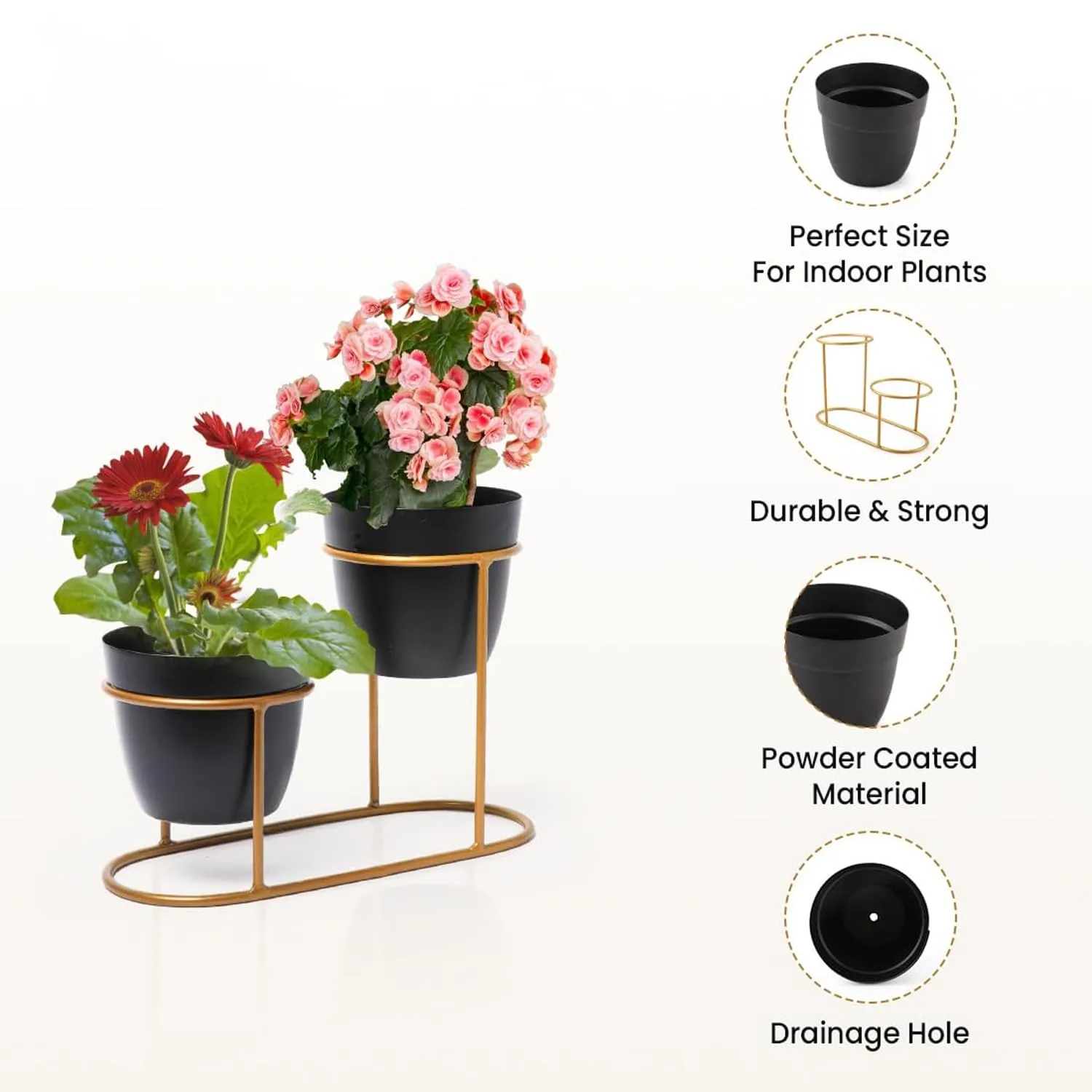 Kuber Industries Planter | Desktop Flower Planter | Balcony Flower Pot | Home Décor Flowers Pot | Flower Planter for Office Décor | Double Planter with Golden Stand | 1128-A | Black