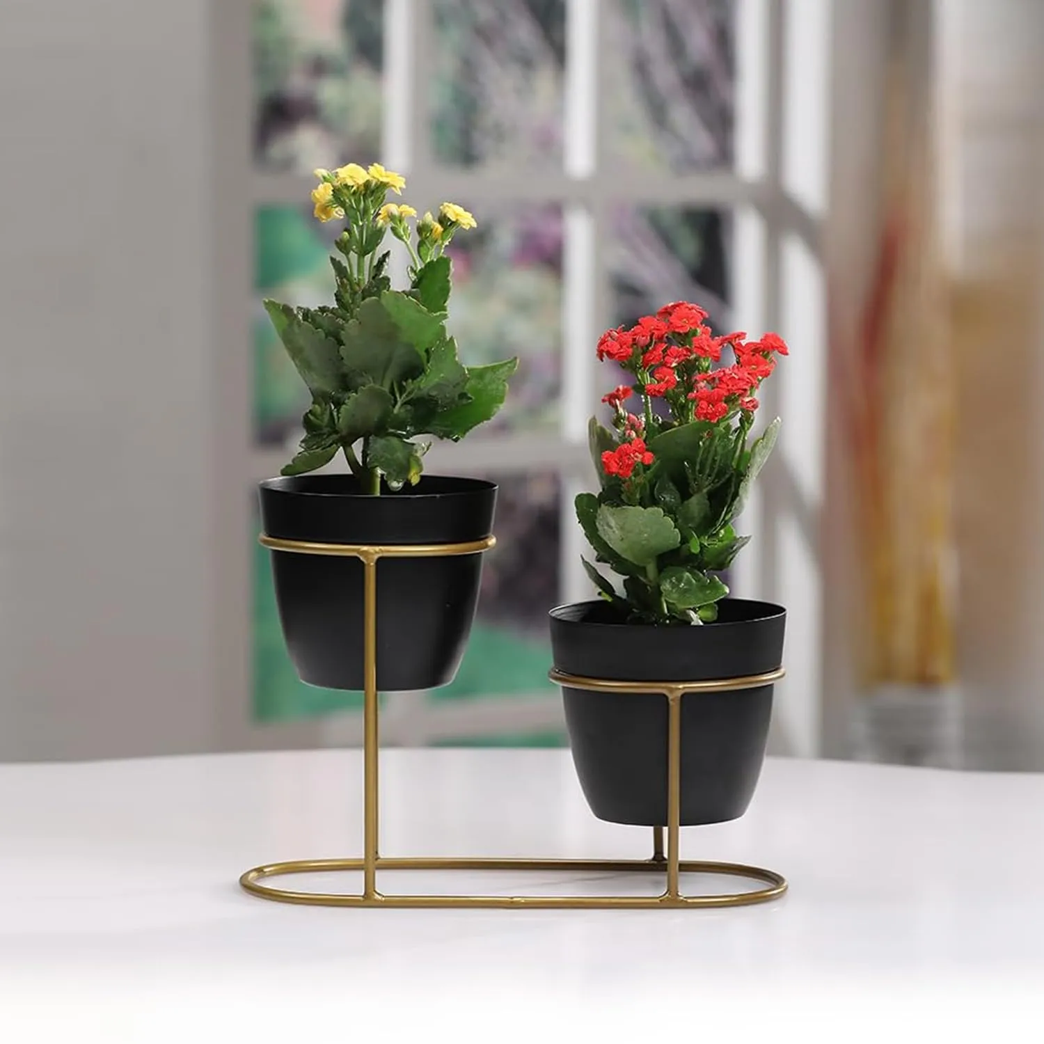 Kuber Industries Planter | Desktop Flower Planter | Balcony Flower Pot | Home Décor Flowers Pot | Flower Planter for Office Décor | Double Planter with Golden Stand | 1128-A | Black