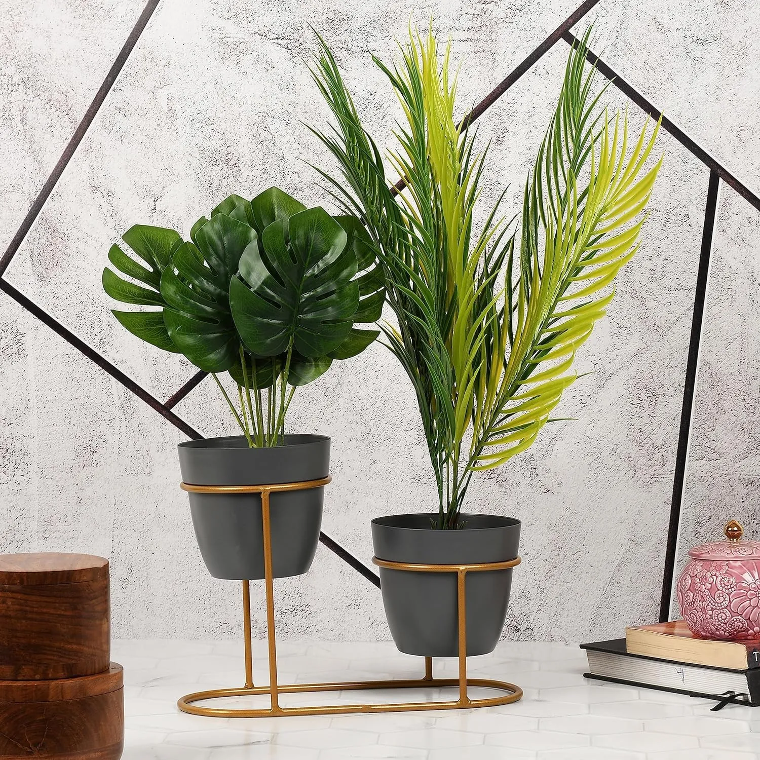 Kuber Industries Planter | Desktop Flower Planter | Balcony Flower Pot | Home Décor Flowers Pot | Flower Planter for Office Décor | Double Planter with Golden Stand | 1128-A | Black