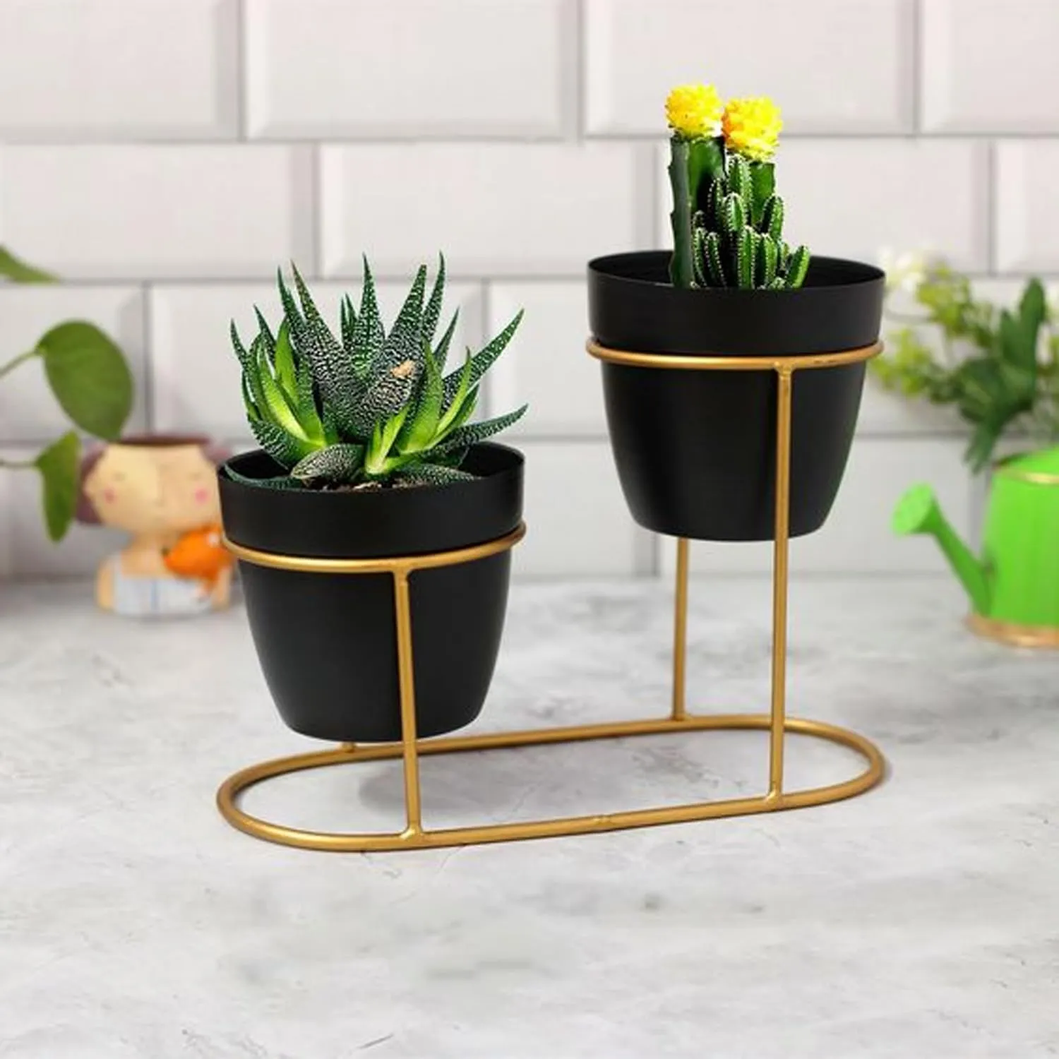 Kuber Industries Planter | Desktop Flower Planter | Balcony Flower Pot | Home Décor Flowers Pot | Flower Planter for Office Décor | Double Planter with Golden Stand | 1128-A | Black