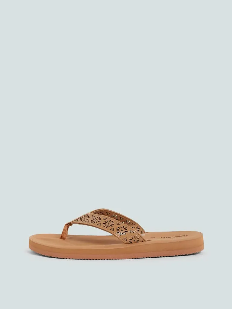 LUNA BLU Laser Cut Tan-Colored Soft Footbed Flip Flop