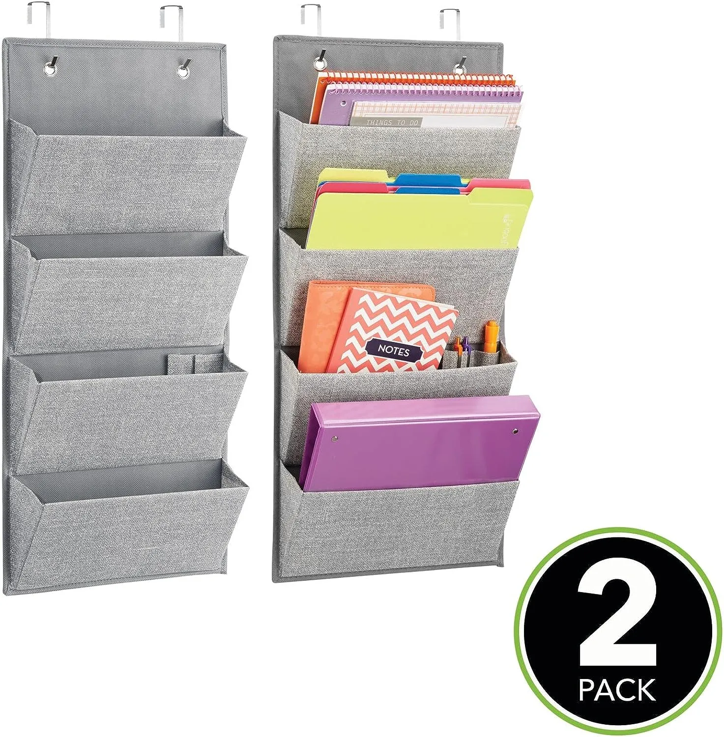 Mdesign Soft Fabric Wall Mount/Over Door Hanging Storage Organizer - 4 Large Cascading Pockets - Holds Office Supplies, Planners, File Folders, Notebooks - Textured Print, 2 Pack - Gray