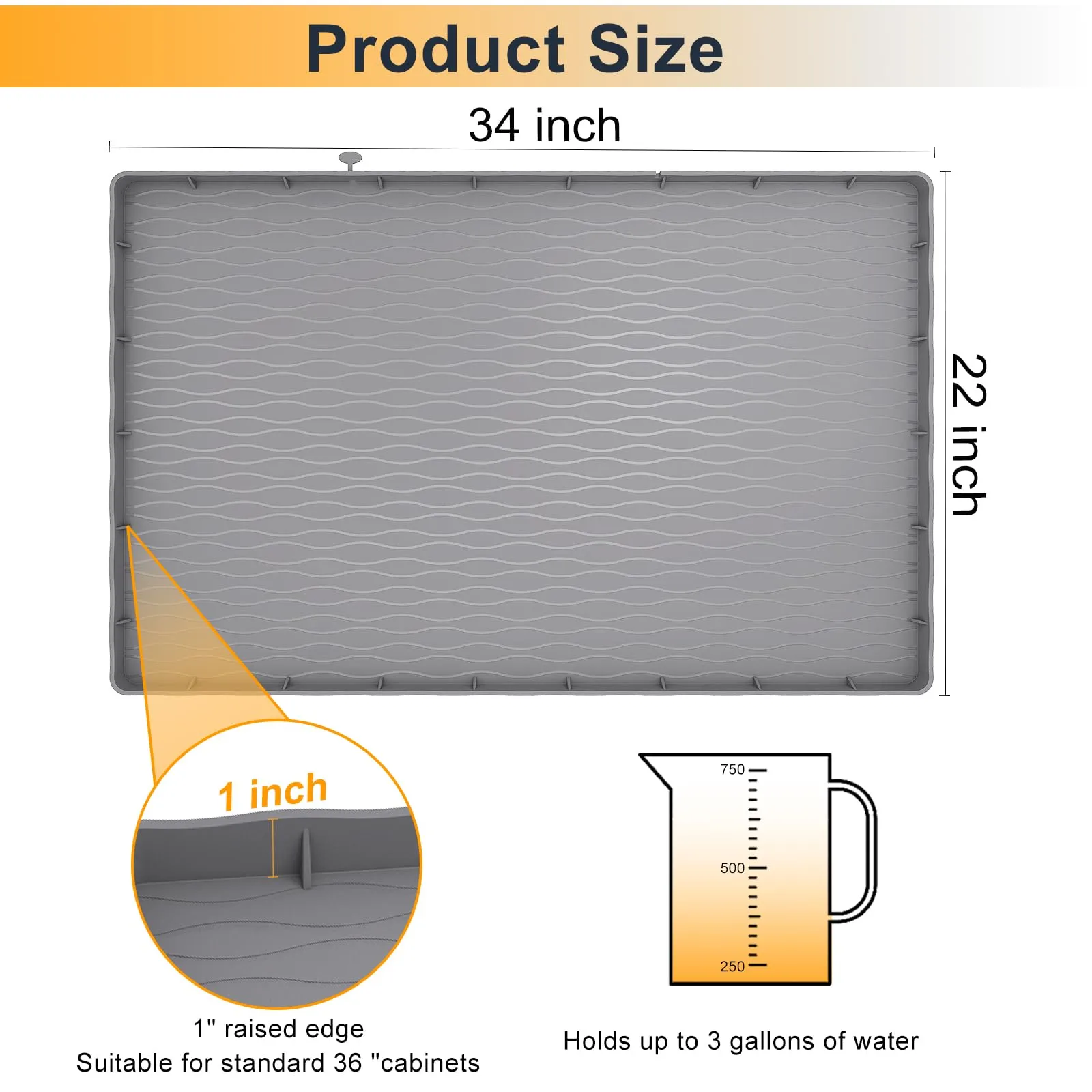 MHHA Under Sink Mat for Kitchen Waterproof, 34"×22“ Silicone Bathroom Sink Mat, Under Sink Liner Drip Tray and Protectors for Bottom of kitchen Sink, Fits 36" Stand Cabinets (Grey)