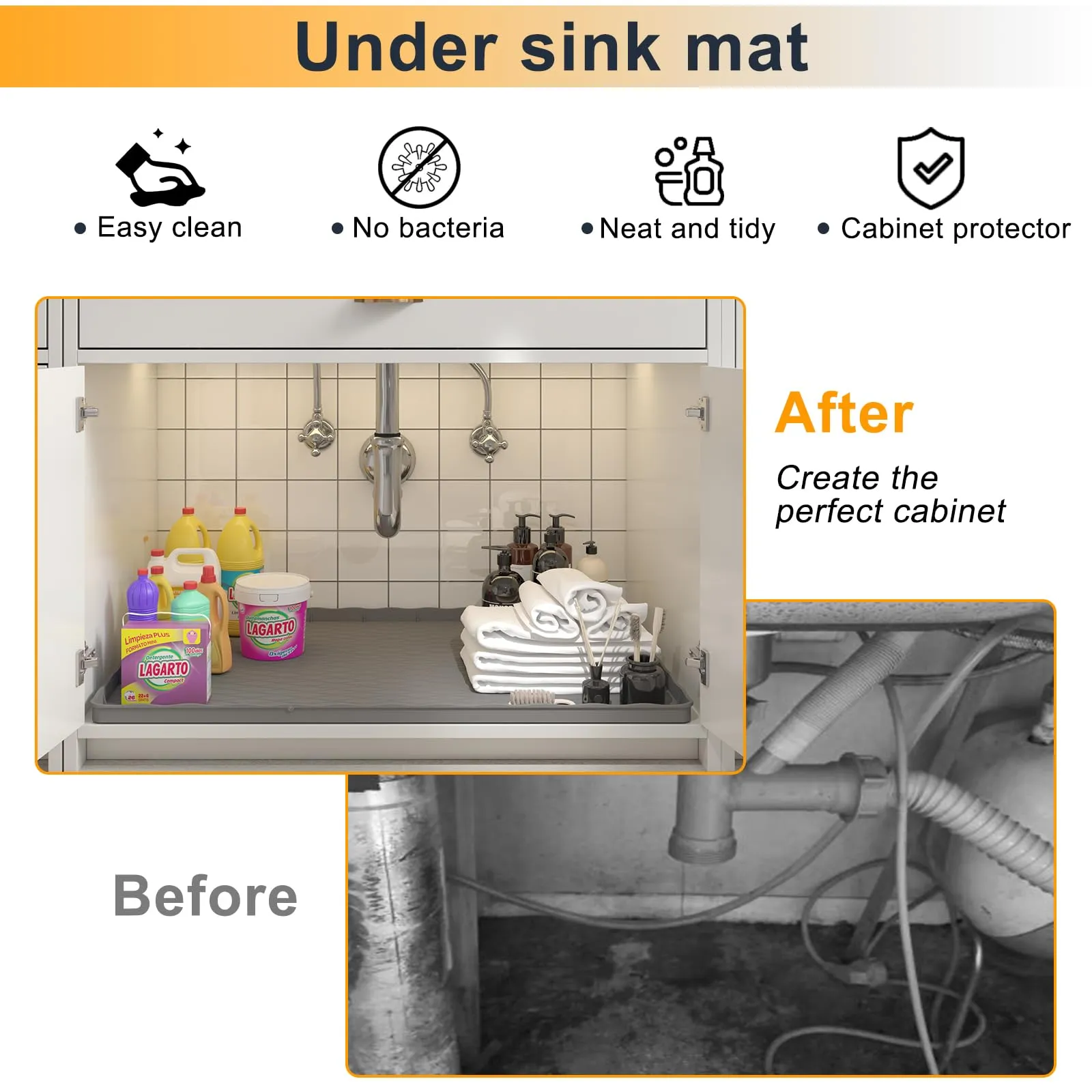 MHHA Under Sink Mat for Kitchen Waterproof, 34"×22“ Silicone Bathroom Sink Mat, Under Sink Liner Drip Tray and Protectors for Bottom of kitchen Sink, Fits 36" Stand Cabinets (Grey)