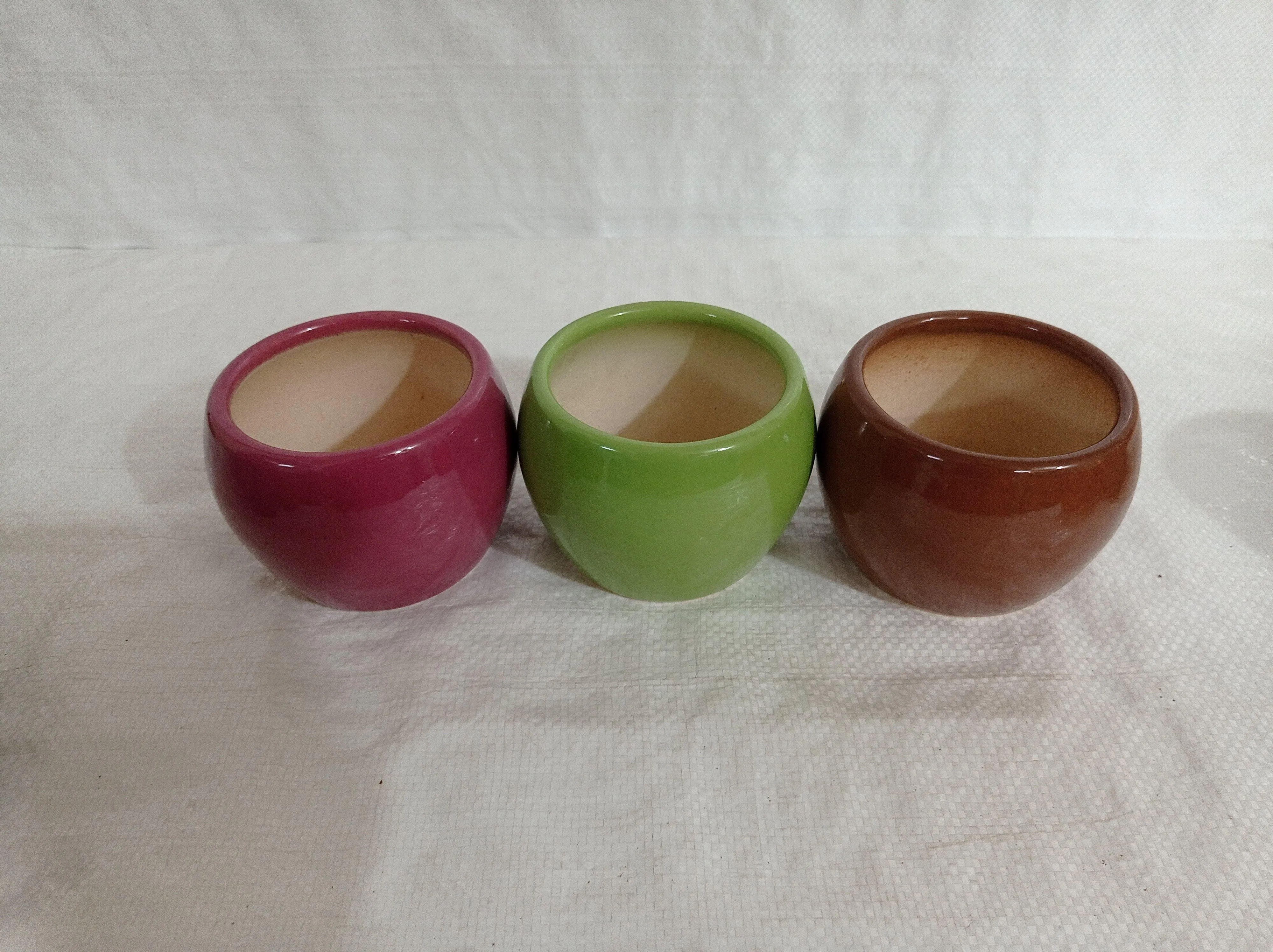 Modern Bowl Ceramic Pot Set | Set of 3 | Brown, Green & Wine Colors