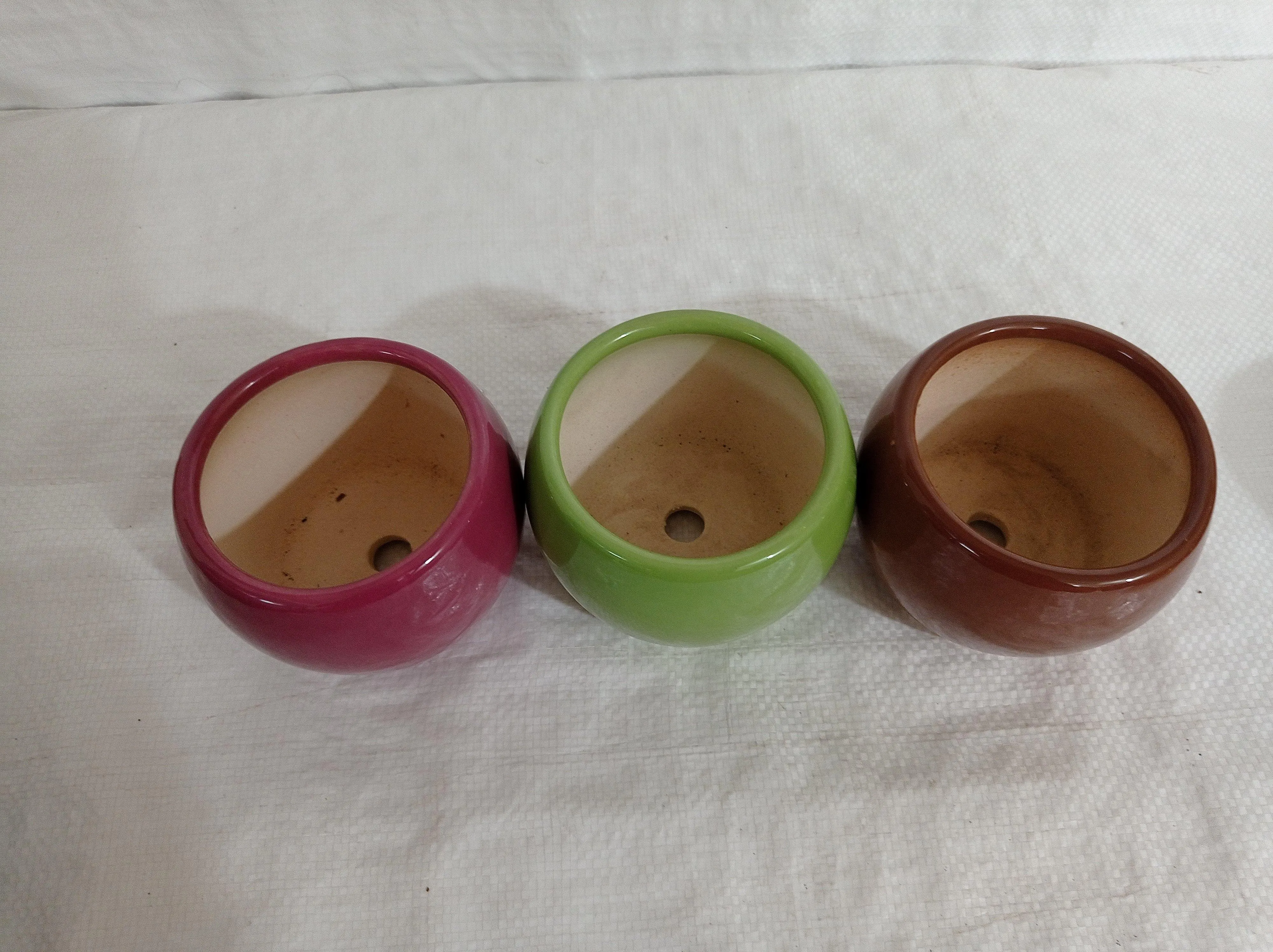 Modern Bowl Ceramic Pot Set | Set of 3 | Brown, Green & Wine Colors