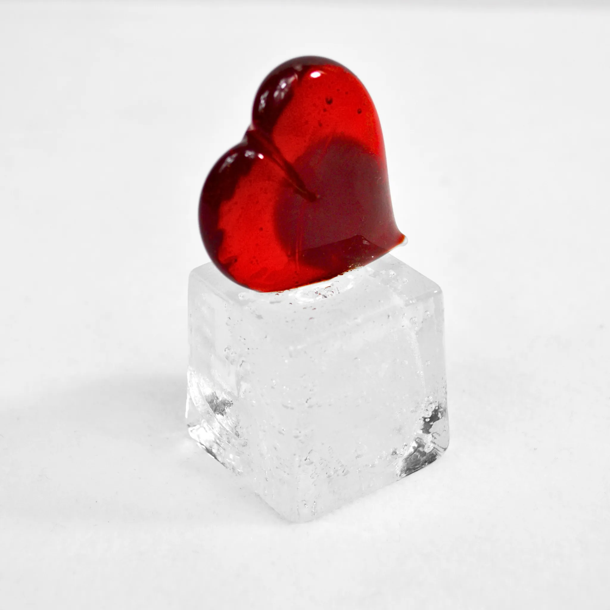 Murano Glass Red Heart Sculpture, Figurine, Paperweight on cube shaped base