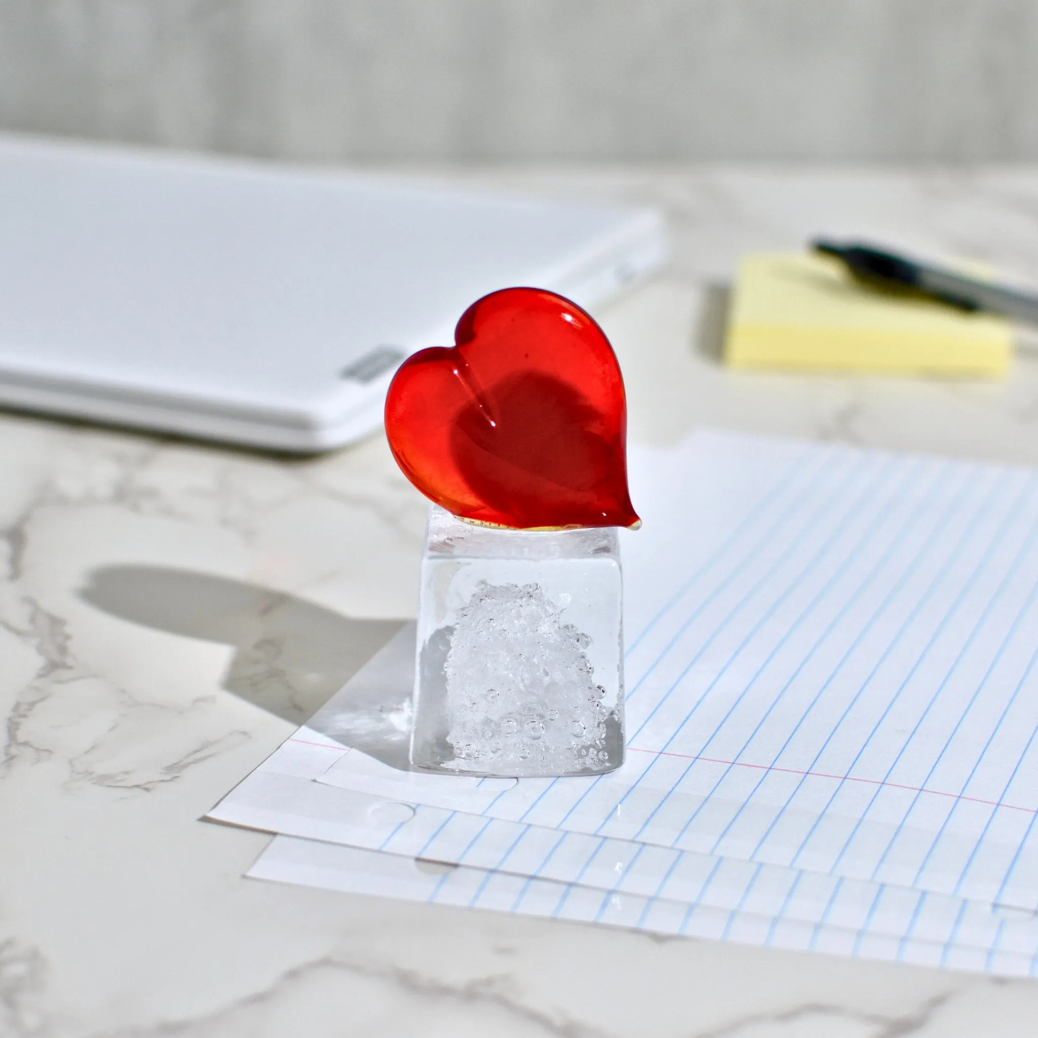 Murano Glass Red Heart Sculpture, Figurine, Paperweight on cube shaped base