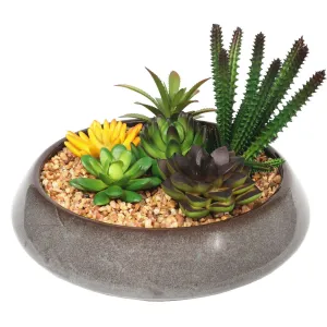 Potted Artificial Succulents with Round Decorative Bowl 19cm