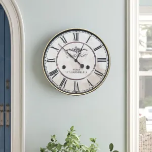 Retro Vintage Wall Clock, Wood, Distressed White/Gold