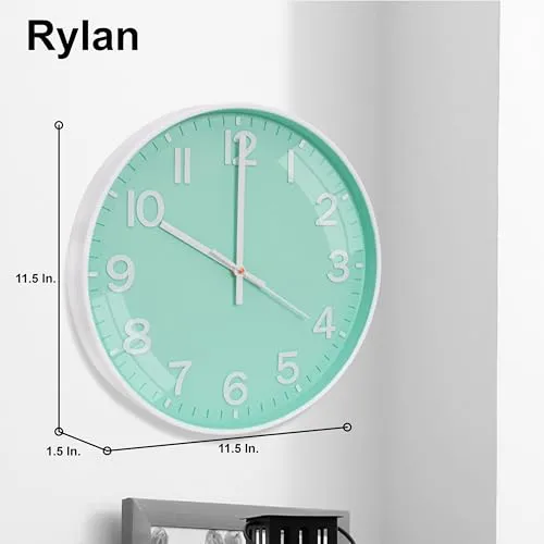 Rylan Wall Clock 12" Silent Quartz Decorative Latest Wall Clock Non-Ticking Classic Clock Battery Operated Round Easy to Read for Room/Home/Kitchen/Bedroom/Office/School(Light Green)