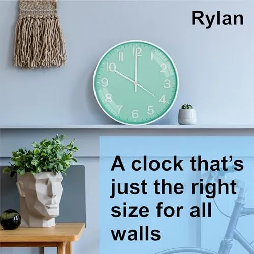 Rylan Wall Clock 12" Silent Quartz Decorative Latest Wall Clock Non-Ticking Classic Clock Battery Operated Round Easy to Read for Room/Home/Kitchen/Bedroom/Office/School(Light Green)