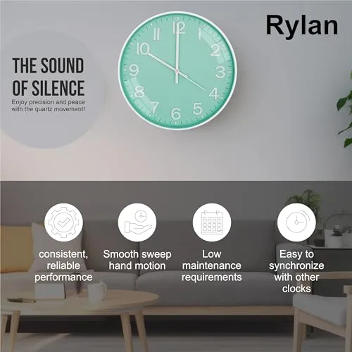 Rylan Wall Clock 12" Silent Quartz Decorative Latest Wall Clock Non-Ticking Classic Clock Battery Operated Round Easy to Read for Room/Home/Kitchen/Bedroom/Office/School(Light Green)