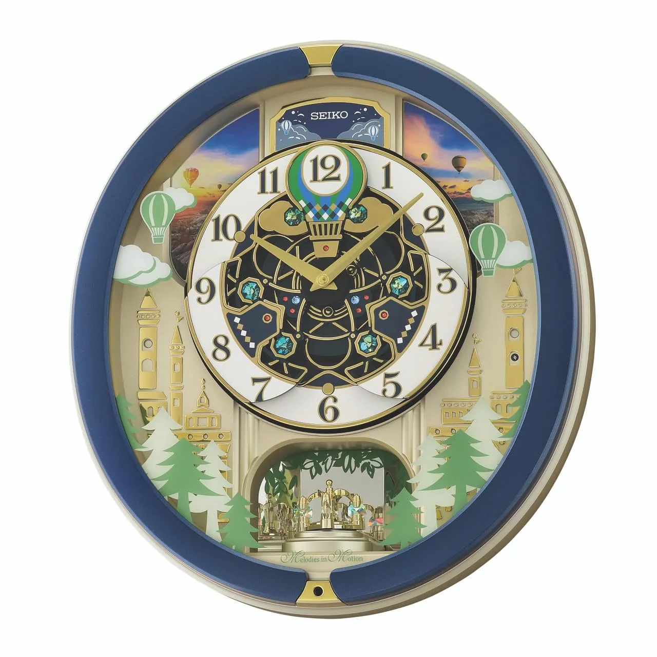 SEIKO Decorative Melodies in Motion Chime Oval Shaped Plastic Case Home Decor Blue Analog Musical Wall Clock with One Way Rotating Showpiece (Size: 39 x 9.5 x 43 CM | Weight: 2250 Gram) QXM398LT