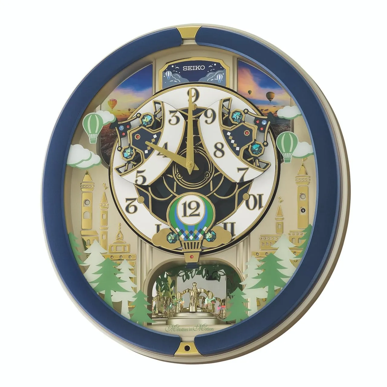 SEIKO Decorative Melodies in Motion Chime Oval Shaped Plastic Case Home Decor Blue Analog Musical Wall Clock with One Way Rotating Showpiece (Size: 39 x 9.5 x 43 CM | Weight: 2250 Gram) QXM398LT