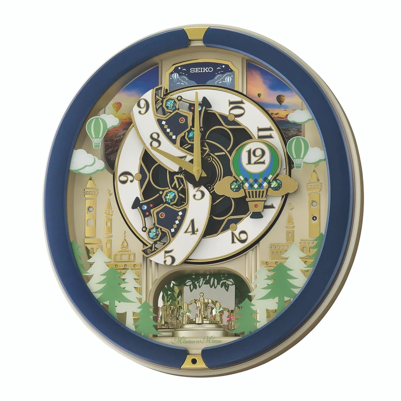 SEIKO Decorative Melodies in Motion Chime Oval Shaped Plastic Case Home Decor Blue Analog Musical Wall Clock with One Way Rotating Showpiece (Size: 39 x 9.5 x 43 CM | Weight: 2250 Gram) QXM398LT