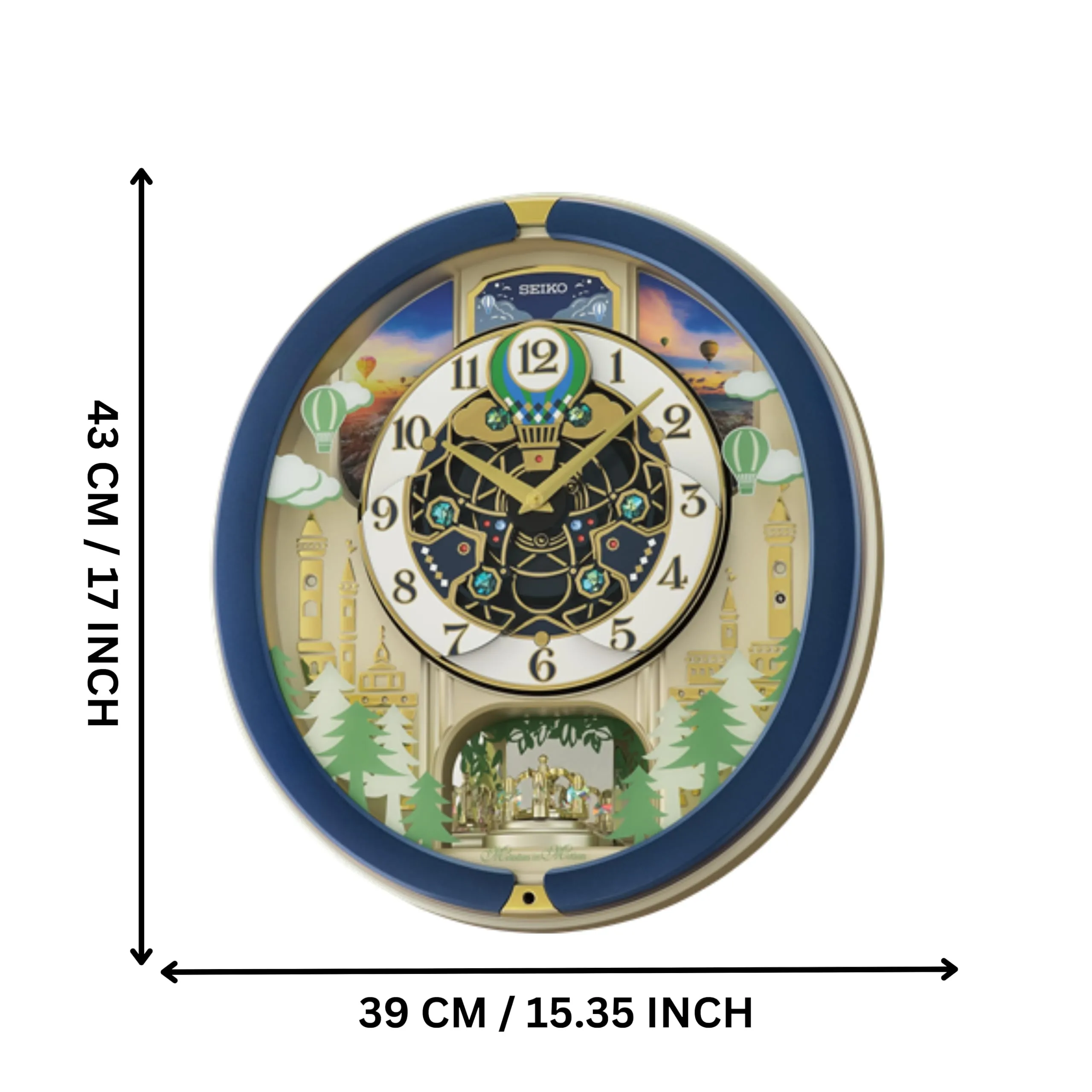 SEIKO Decorative Melodies in Motion Chime Oval Shaped Plastic Case Home Decor Blue Analog Musical Wall Clock with One Way Rotating Showpiece (Size: 39 x 9.5 x 43 CM | Weight: 2250 Gram) QXM398LT