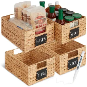 Set of 4 Water Hyacinth Pantry Baskets w/ Chalkboard, Marker - 12in