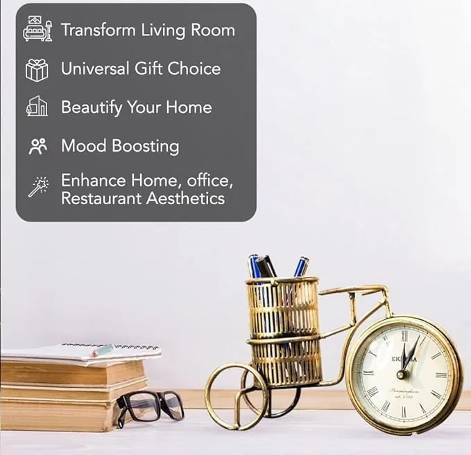 The Handicraft Store Metal Antique Cycle Clock with Pen Stand Table Clock for Home & Office Desk, Bedroom, Tabletop. Size- 11X6 Inches, Analog