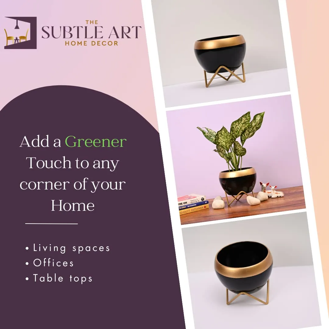 The Subtle Art® Midnight Black Metal Planter Pot with Gold Finish Stand (Pot Size: 10 * 15 cm, Stand Height: 5.5 cm), for Indoor & Outdoor Plants, Living Room, Bedroom, Home & Office Decor, Table Top