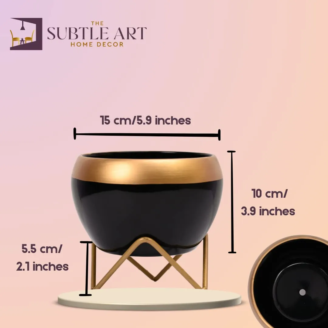 The Subtle Art® Midnight Black Metal Planter Pot with Gold Finish Stand (Pot Size: 10 * 15 cm, Stand Height: 5.5 cm), for Indoor & Outdoor Plants, Living Room, Bedroom, Home & Office Decor, Table Top