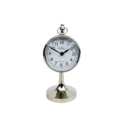 TrenDec Analog Silver Clock | Tableware Clock Showpiece | Home Decorative Item | Decor Item for Livingroom & Bedroom & Office Place | Round Shape Clock 4x4x9.5 Material : Aluminium